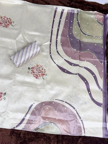 Pure Tusser Linen Saree Fluid Printed Design with Stitched Blouse Options