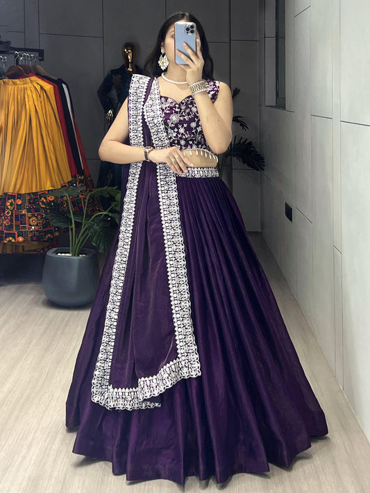Anushka - Premium Purple Silk Satin Fully Stitched Lehenga