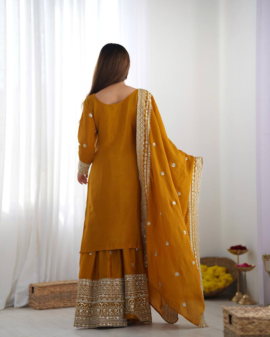 Mustard Yellow Punjabi Sharara set fully stitched