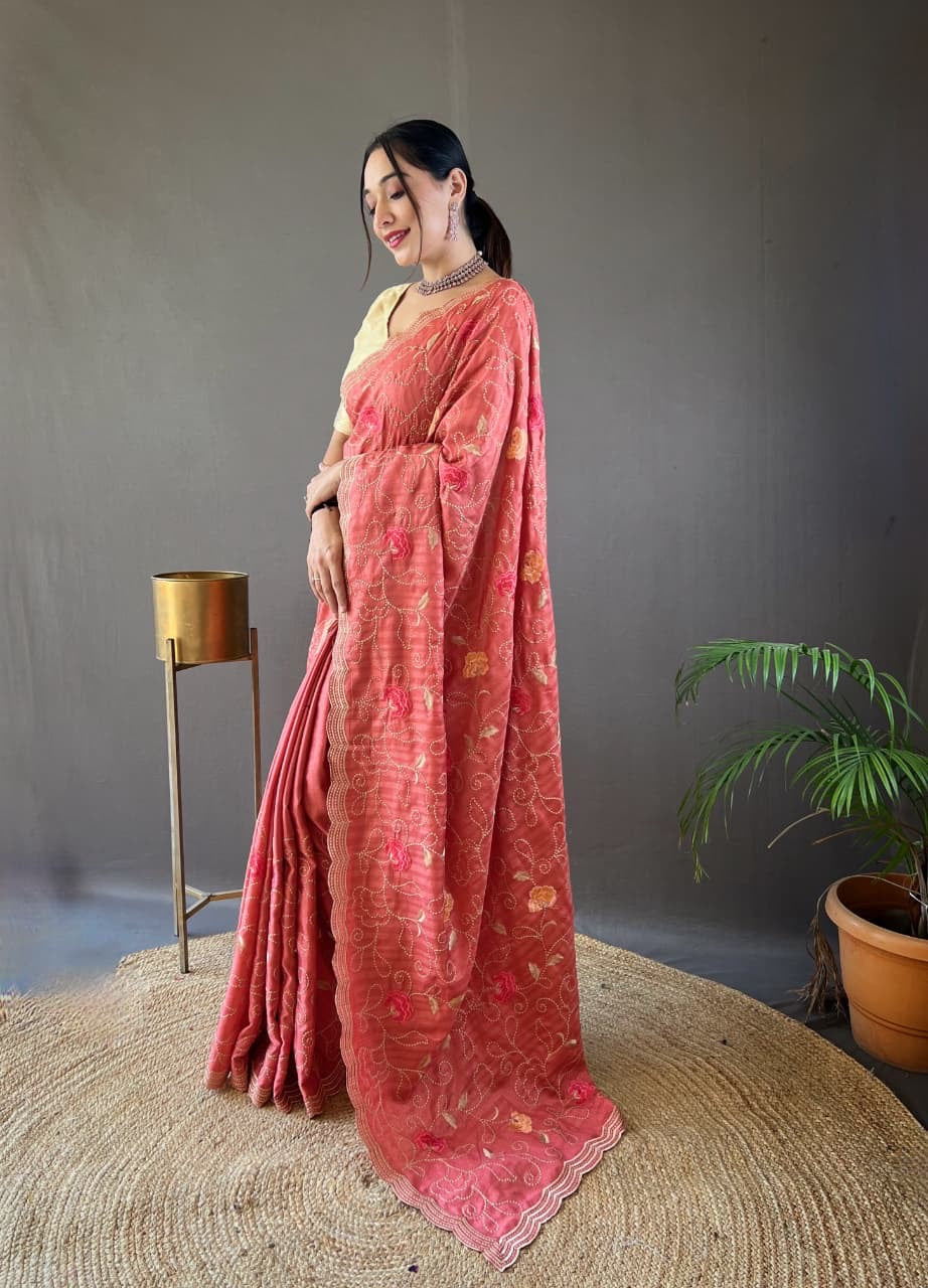 Kamya - Pure Tussar Silk with Jaal Embroidery Weaving with Stitched Blouse Options