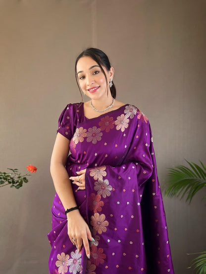 Palki - Soft Silk Copper and Gold Zari Weaving Flower Weaved Saree with Stitched Blouse Options