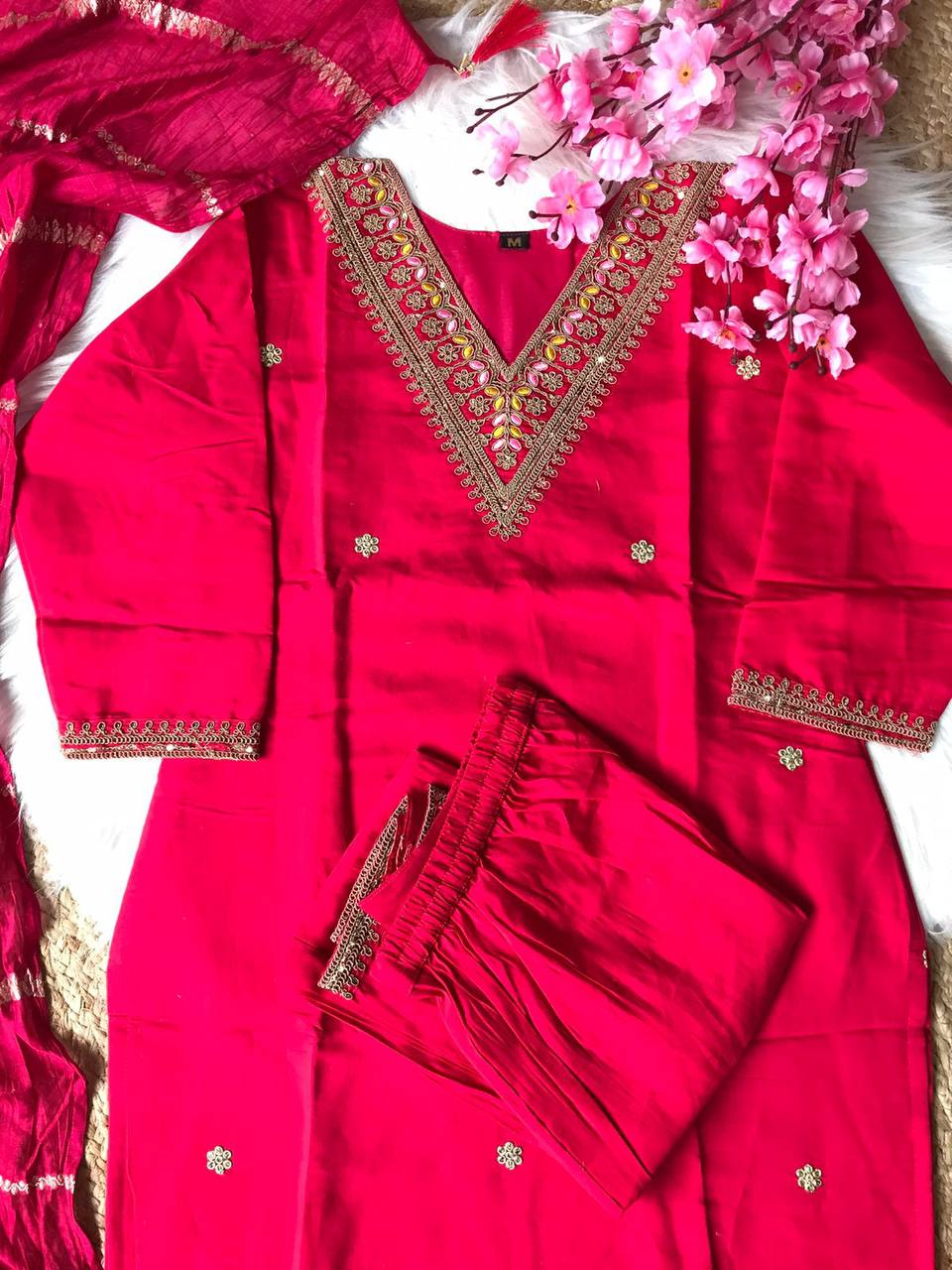 Rani Pink Premium Suit with Pant and Dupatta