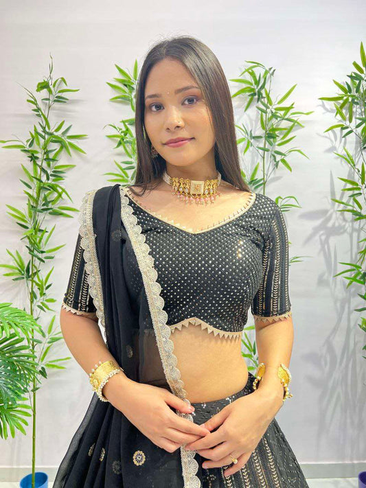 Black georgette fully stitched lehenga with blouse and dupatta