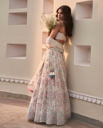 Premium Off White Floral Embroidered Fully Stitched Lehenga