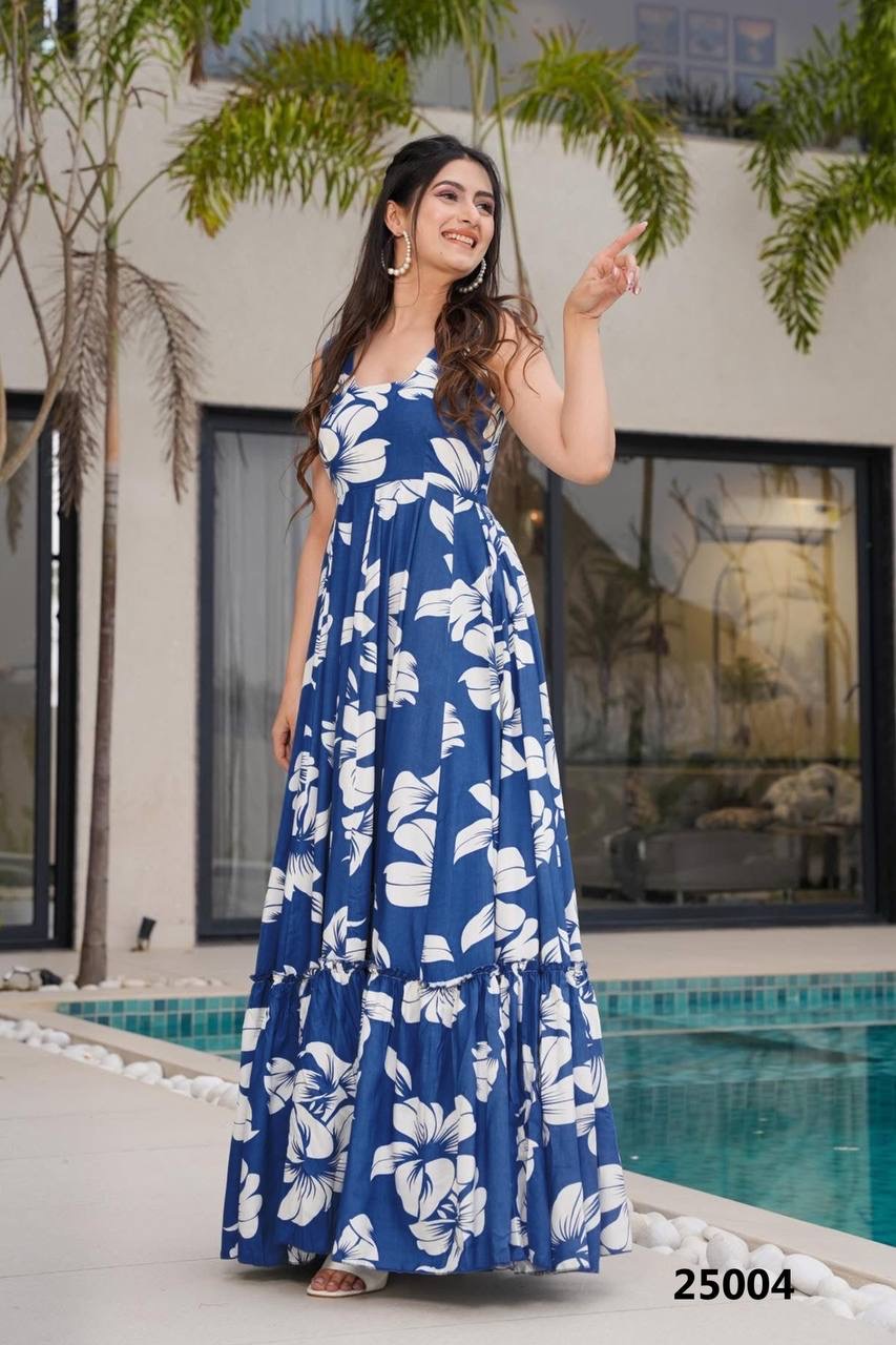 Blue Floral Soft Rayon Fabric Comfy Casual Gown Fully Stitched