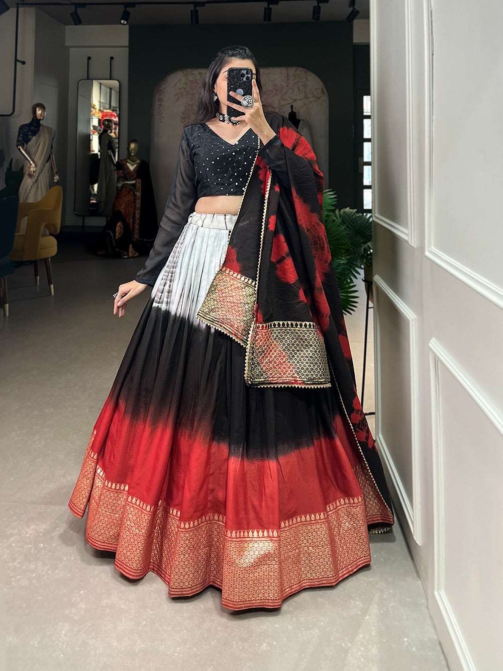 Multicoloured fully stitched pure chanderi fabric lehenga
