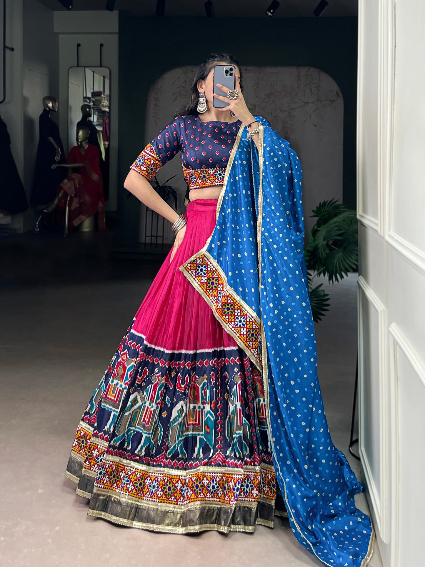 Beautiful Real Mirror & Gamthi Work Silk Chaniya Cholis for Navratri