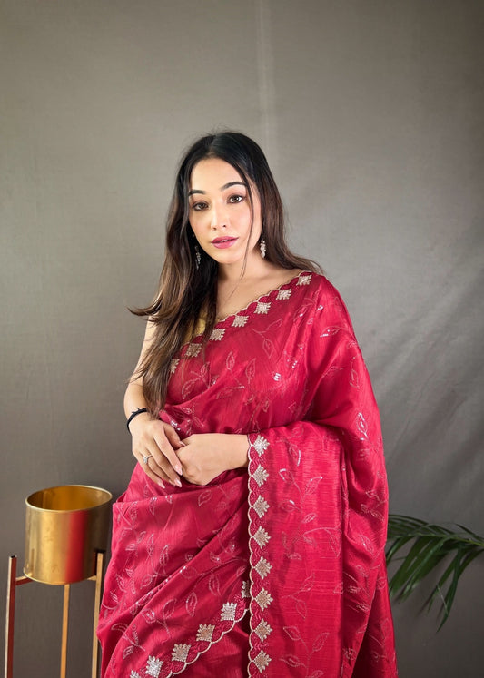 Ruhi silk saree with water sequence cutwork and stitched blouse