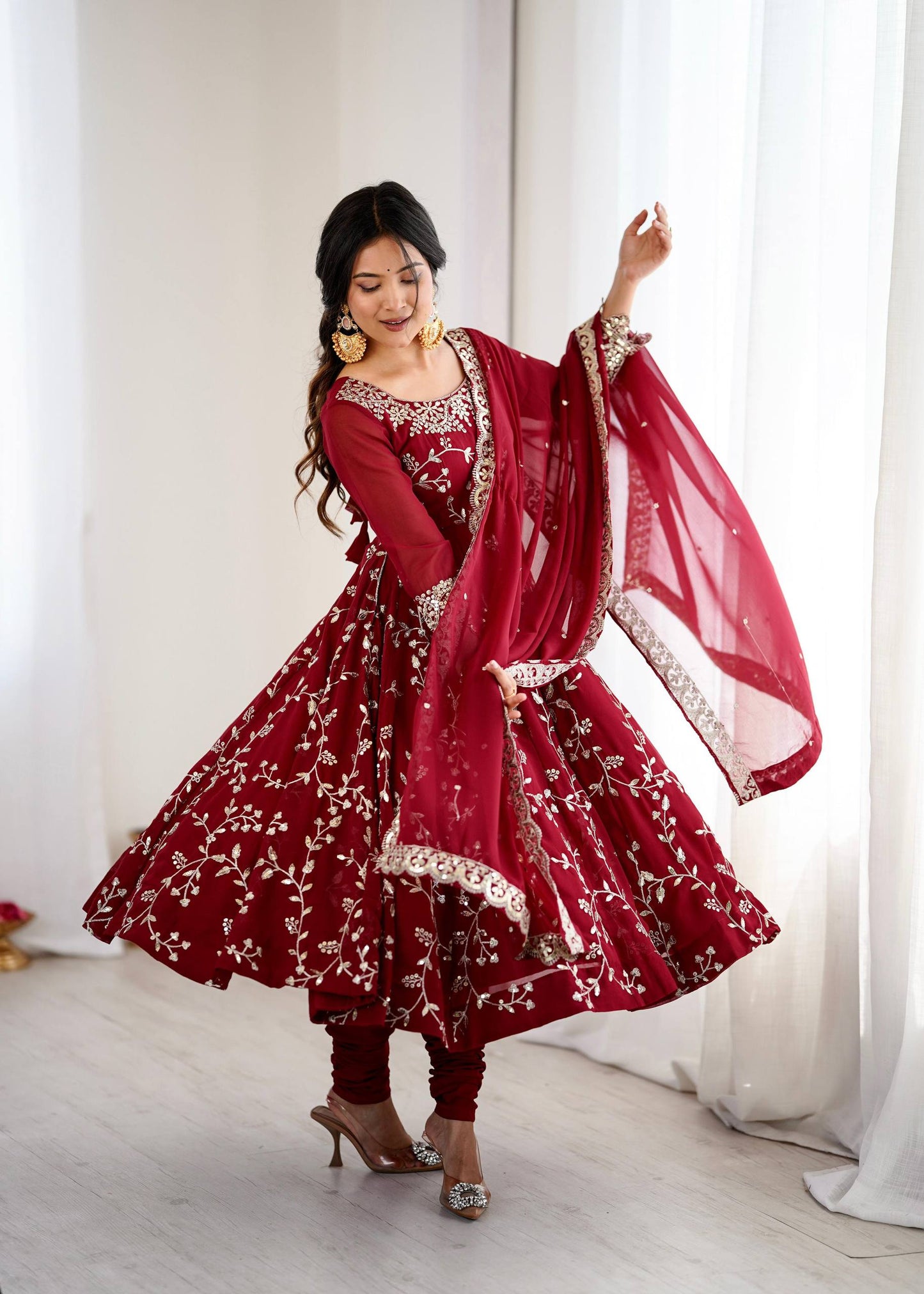 Preeva - Cherry 🍒 Pink  Soft Georgette with Full Embroidery Gown Fully Stitched