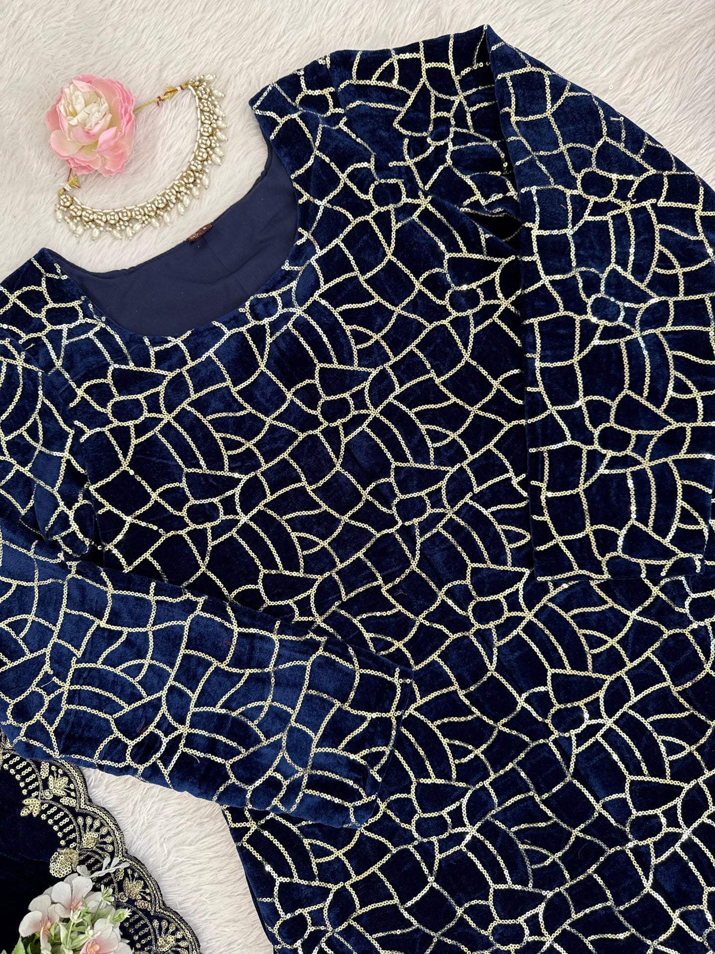 Navy Blue Velvet With Sequins Embroidered Fully Stitched Suit