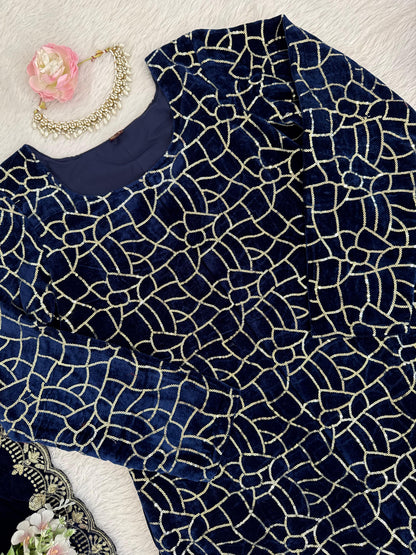 Navy Blue Velvet With Sequins Embroidered Fully Stitched Suit
