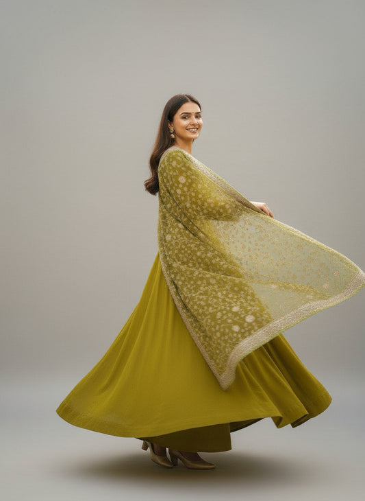 Woman in a yellow dress with a green dupatta standing in a garden.