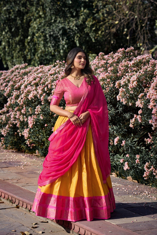 Pink & Yellow Kanchipuram style premium fully stitched lehenga