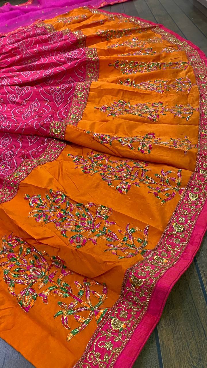 Pink and Orange Bandhani Style Soft Silk Lehenga with Minimal Work Fully Stitched