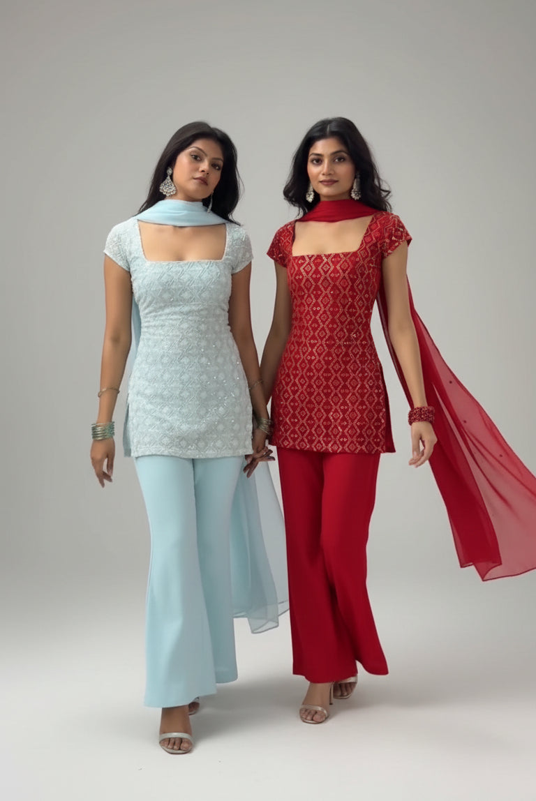 Two women in traditional outfits standing side by side against a gray wall.