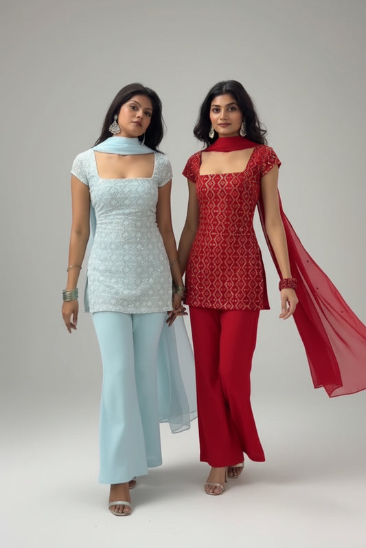 Two women in traditional outfits standing side by side against a gray wall.