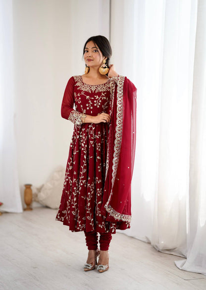 Preeva - Cherry 🍒 Pink  Soft Georgette with Full Embroidery Gown Fully Stitched