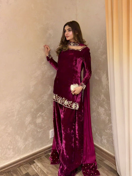Premium Velvet with Minimal Beautiful Embroidery Fully Stitched Sharara Suit