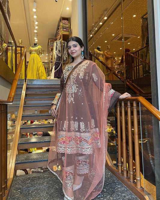 Dark purple top with pant and dupatta