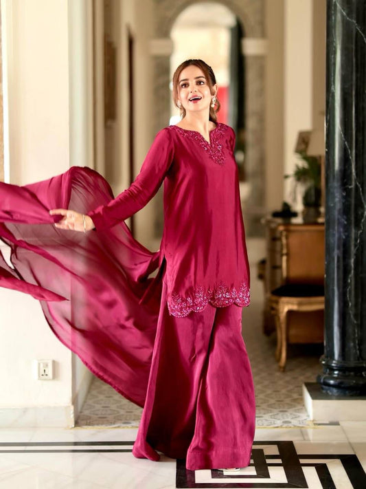 Cherry Pink Soft Silk with sequins work Punjabi Suit Fully Stitched