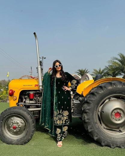 Jugni - Dark Green Premium Velvet Fully Stitched Suit with Embroidery Work