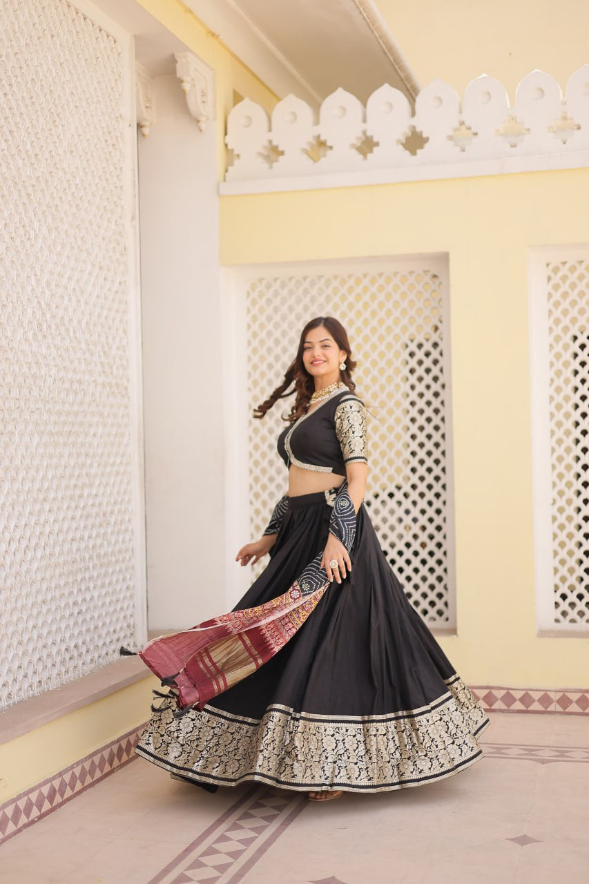 Fully stitched Black Premium Viscose Lehenga with Gaji silk Dupatta