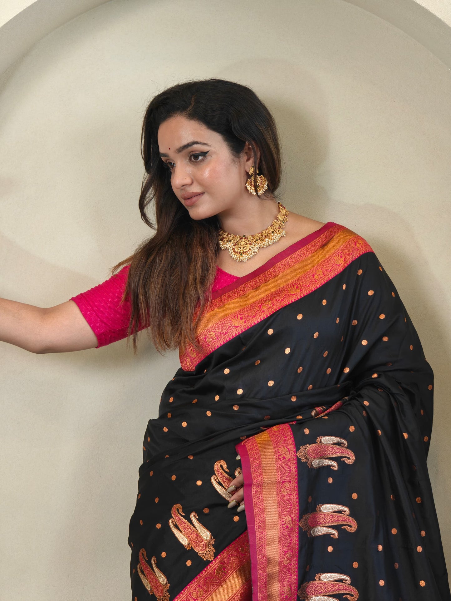 Black Pure Paithani Silk Saree with rich weaving with Stitched Blouse