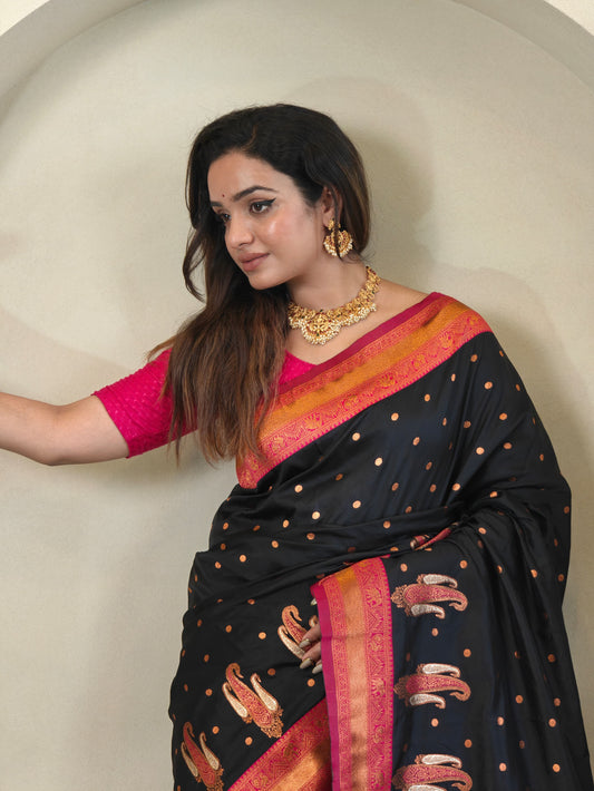 Black Pure Paithani Silk Saree with rich weaving with Stitched Blouse