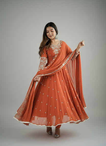 Dark Orange Premium Faux Georgette Anarkali Gown with Beautiful Work Fully Readymade