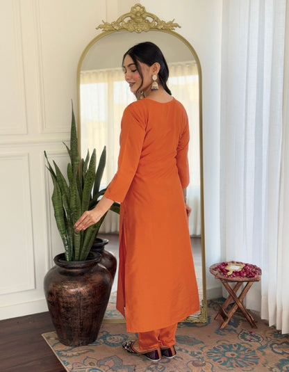 Peachy Orange Soft Rayon Kurti Set with Minimal Embroidery at Neck