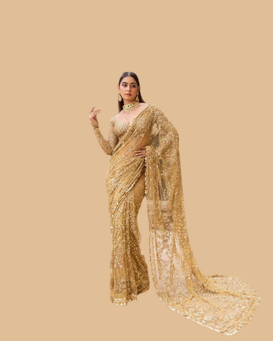 Mustard Gold designer style sequins saree on net febric with stitched blouse