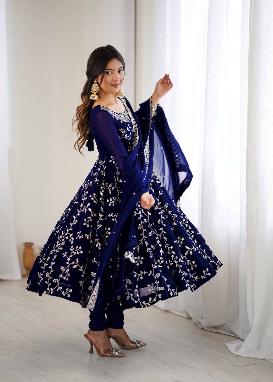 Preeva - Navy Blue Soft Georgette with Full Embroidery Gown Fully Stitched