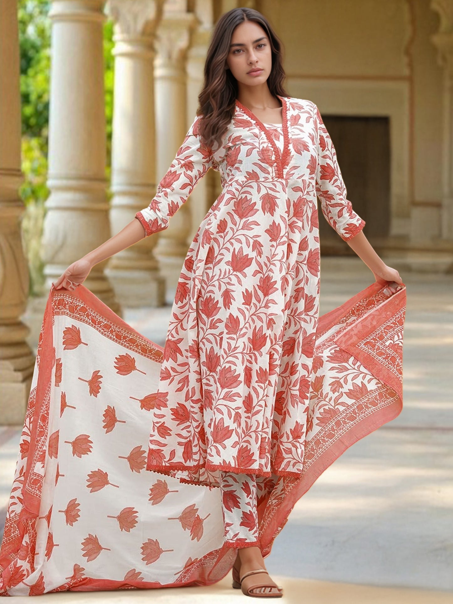 Orange & White Soft Cotton Floral Printed Kurti Set for all occasions