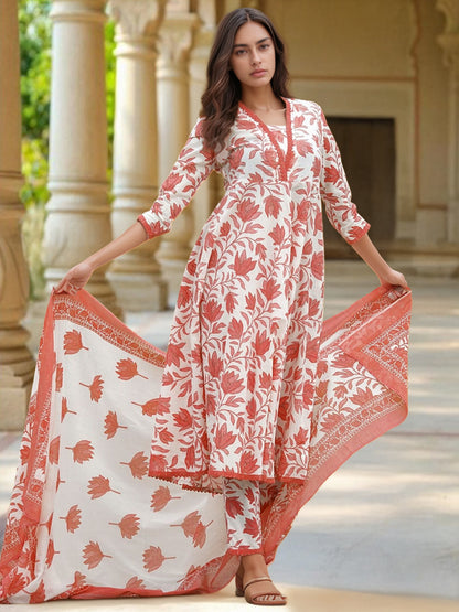 Orange & White Soft Cotton Floral Printed Kurti Set for all occasions