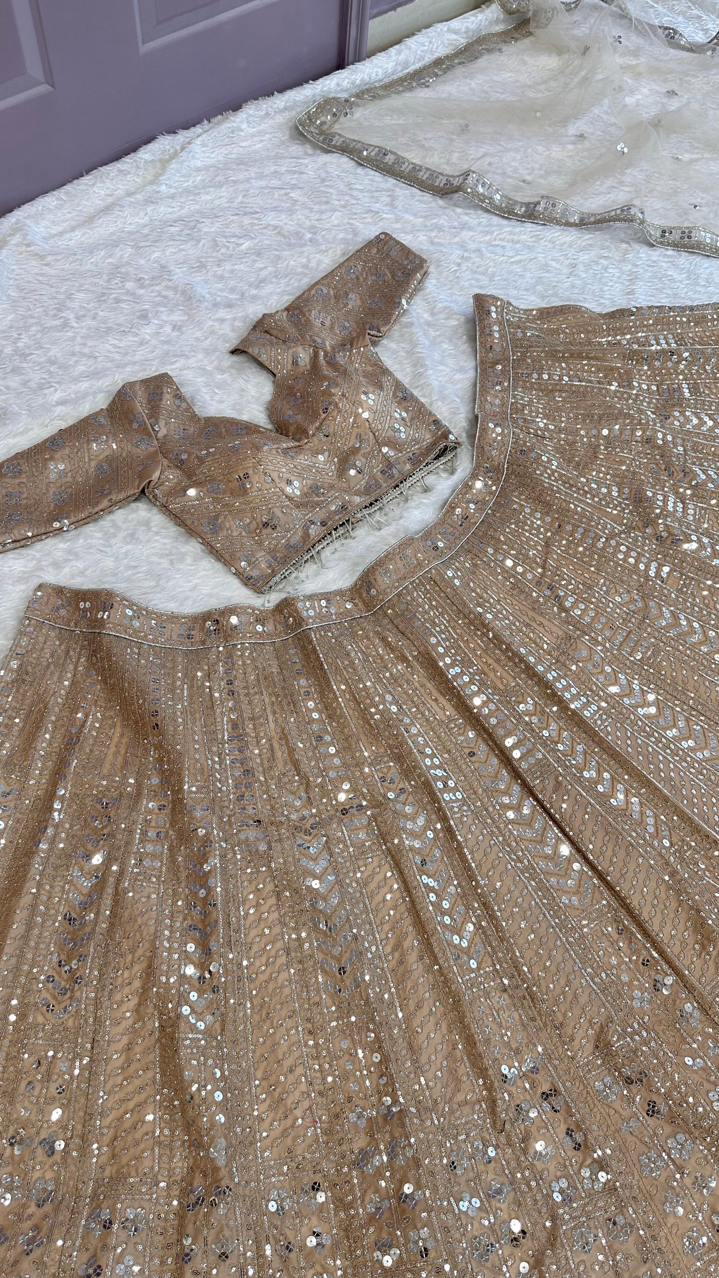 Unique Copper Gold Colour Premium Shimmering Sequins Fully Stitched Lehenga