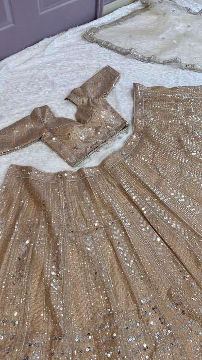 Unique Copper Gold Colour Premium Shimmering Sequins Fully Stitched Lehenga