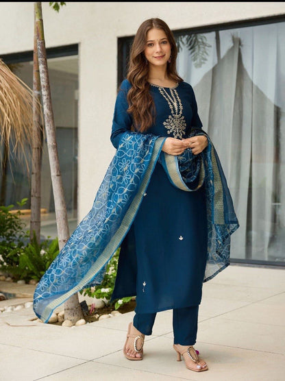 Premium Rama Rayon Fully Stitched Kurti Set with Minimal Embroidery