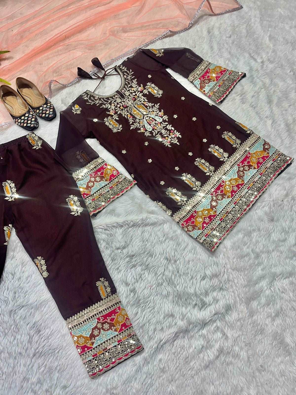 Dark purple top with pant and dupatta