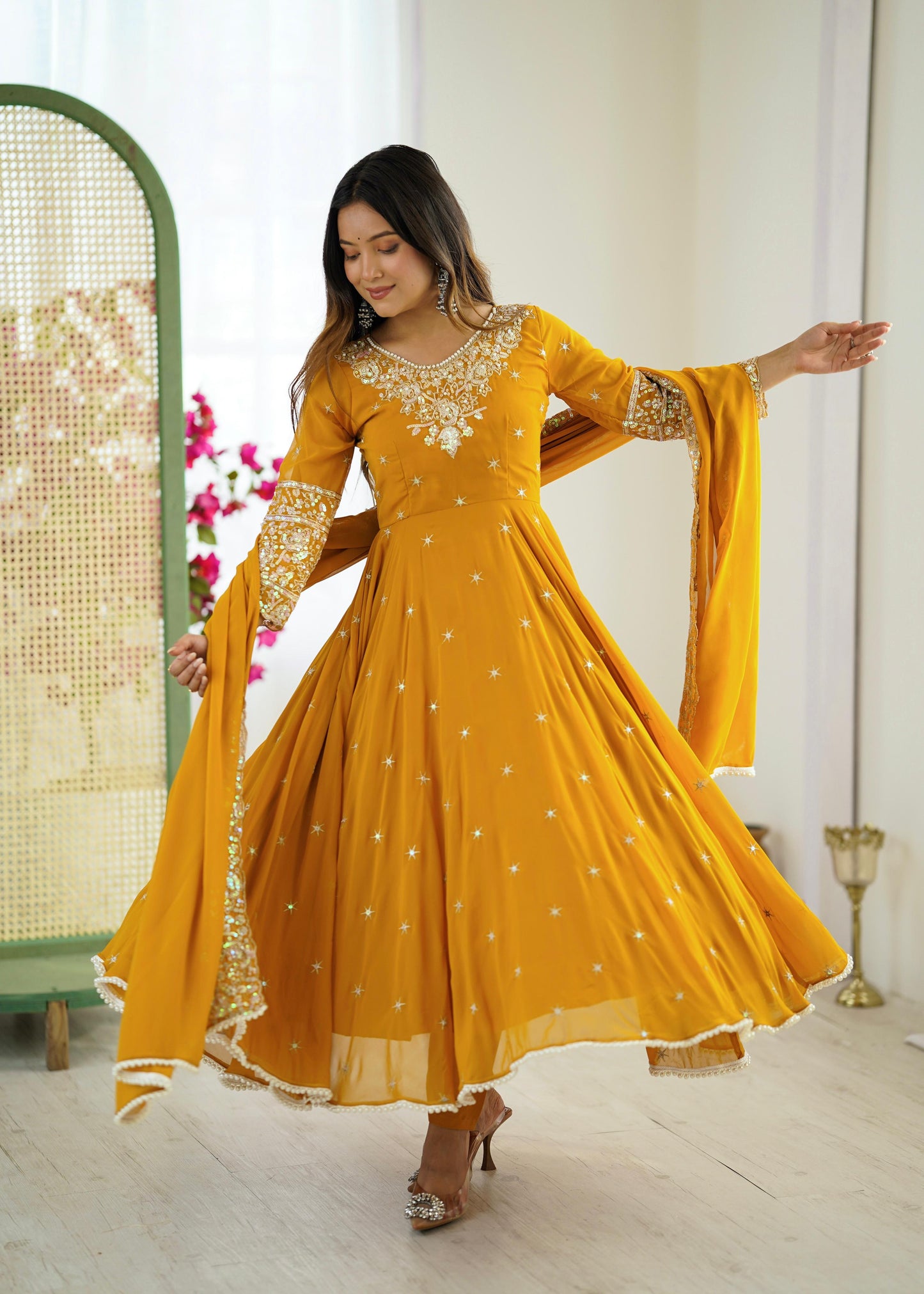 Mustard Premium Faux Georgette Anarkali Gown with Beautiful Work Fully Readymade
