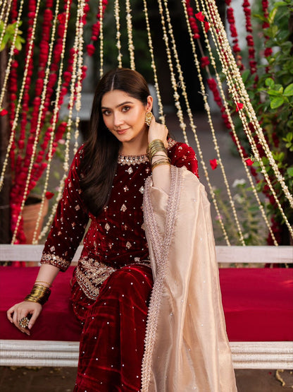 Pure Velvet Maroon Pink Punjabi Suit with Plazo Fully Stitched