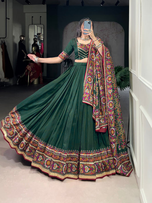 Gamthi Print and Embossed Lace Silk Chaniya Cholis for Navratri Fully Stitched