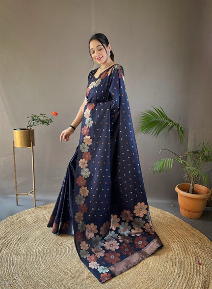 Palki - Soft Silk Copper and Gold Zari Weaving Flower Weaved Saree with Stitched Blouse Options
