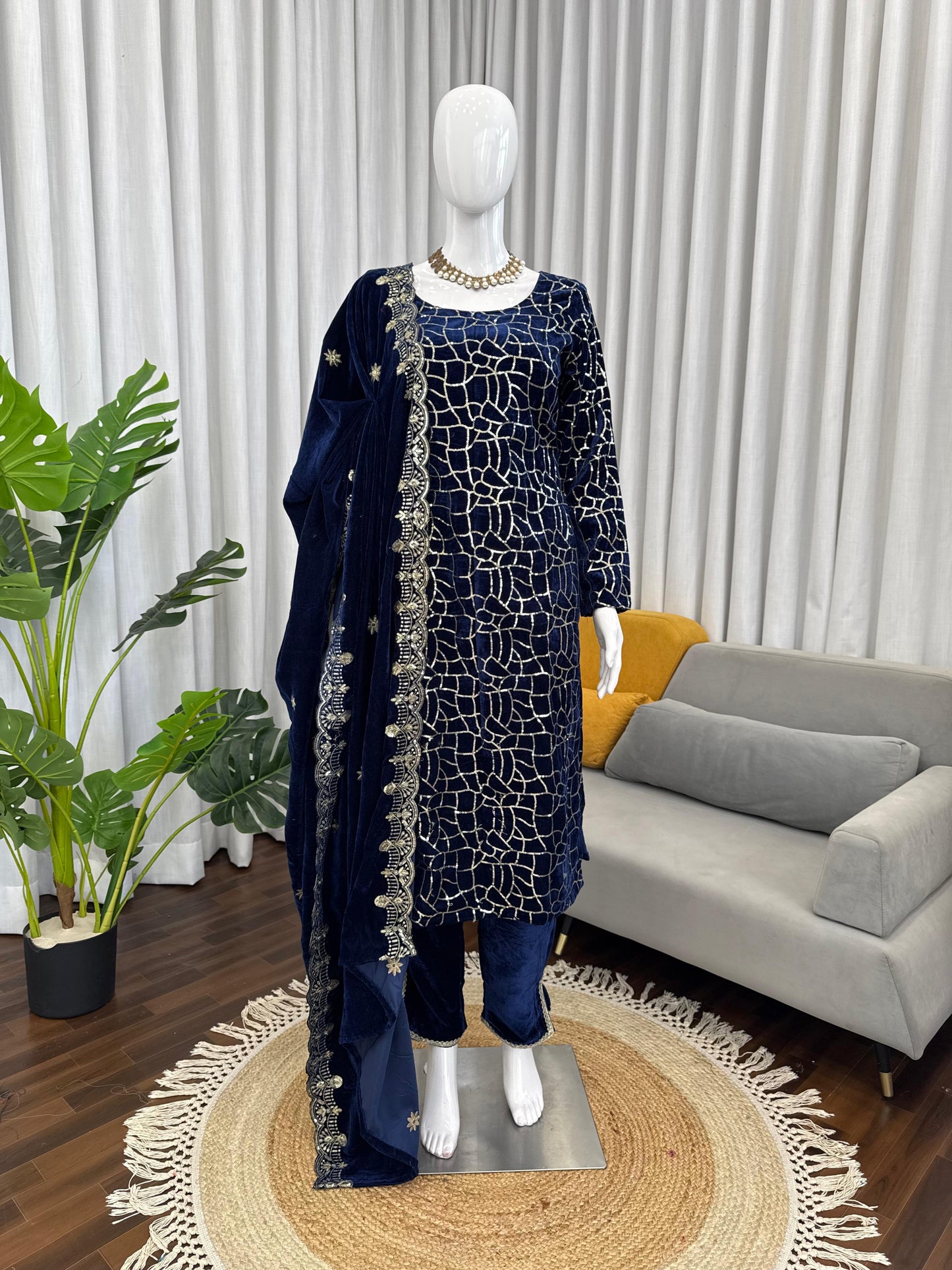 Navy Blue Velvet With Sequins Embroidered Fully Stitched Suit