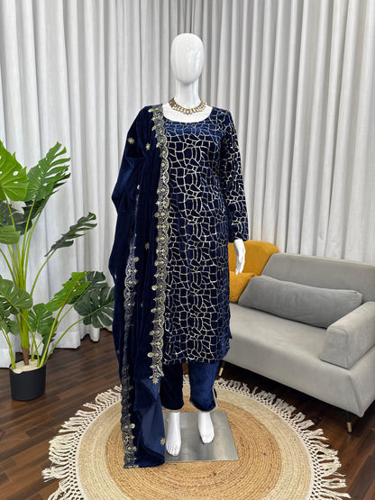 Navy Blue Velvet With Sequins Embroidered Fully Stitched Suit