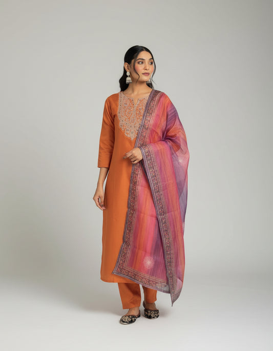 Woman in an orange traditional outfit with a pink dupatta standing in a room with a mirror and plant.