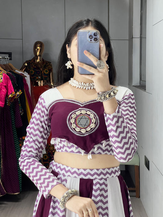 Beautiful Stripe Pattern Pure Cotton Wine and White Navratri Chaniya Choli Fully Stitched
