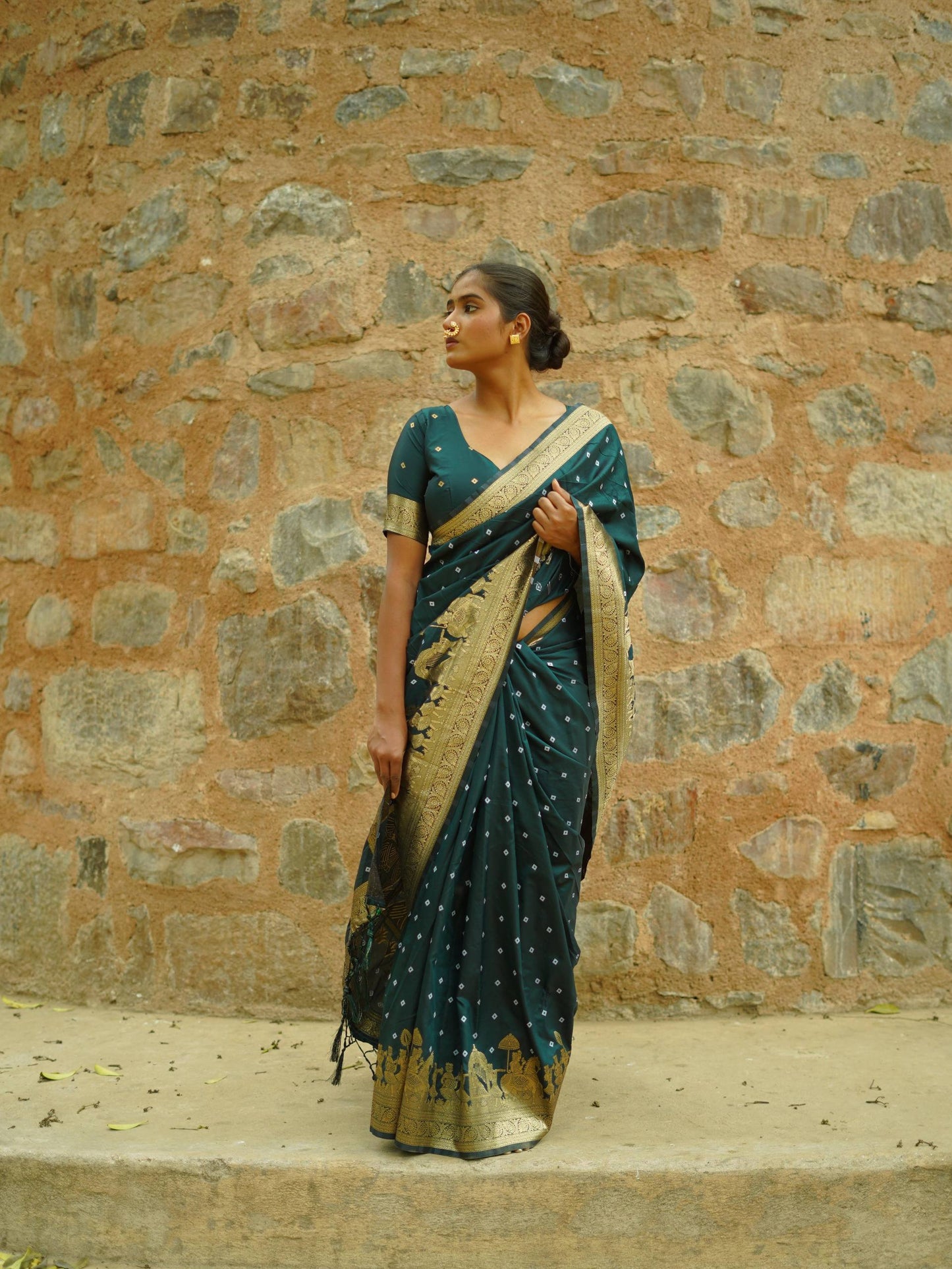 Apsara - Soft Silk with Hand Bandhej Pattern Gold Border Paithani Saree with Stitched Blouse Options