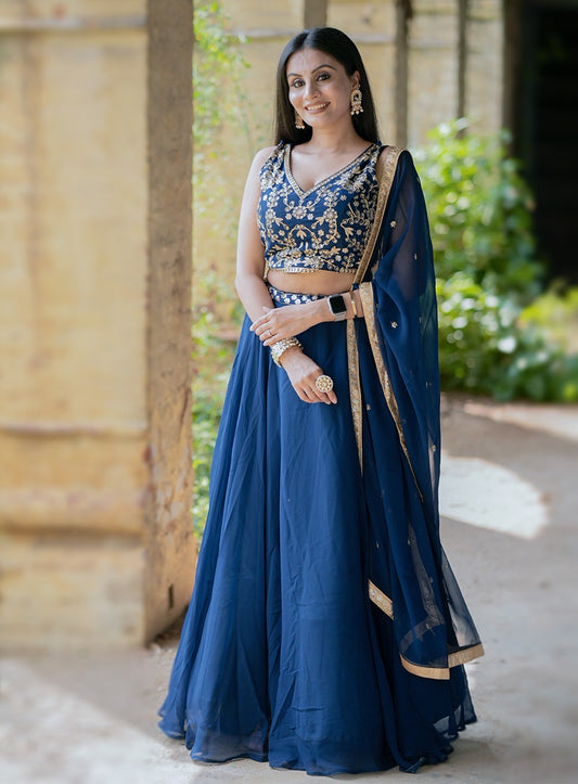 Rama Blue fully stitched Georgette Lehenga