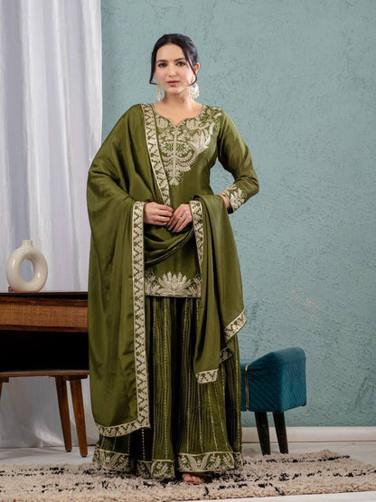 Pure Chinon Silk Embroidered Sharara Set in 4 beautiful Colours Fully Stitched