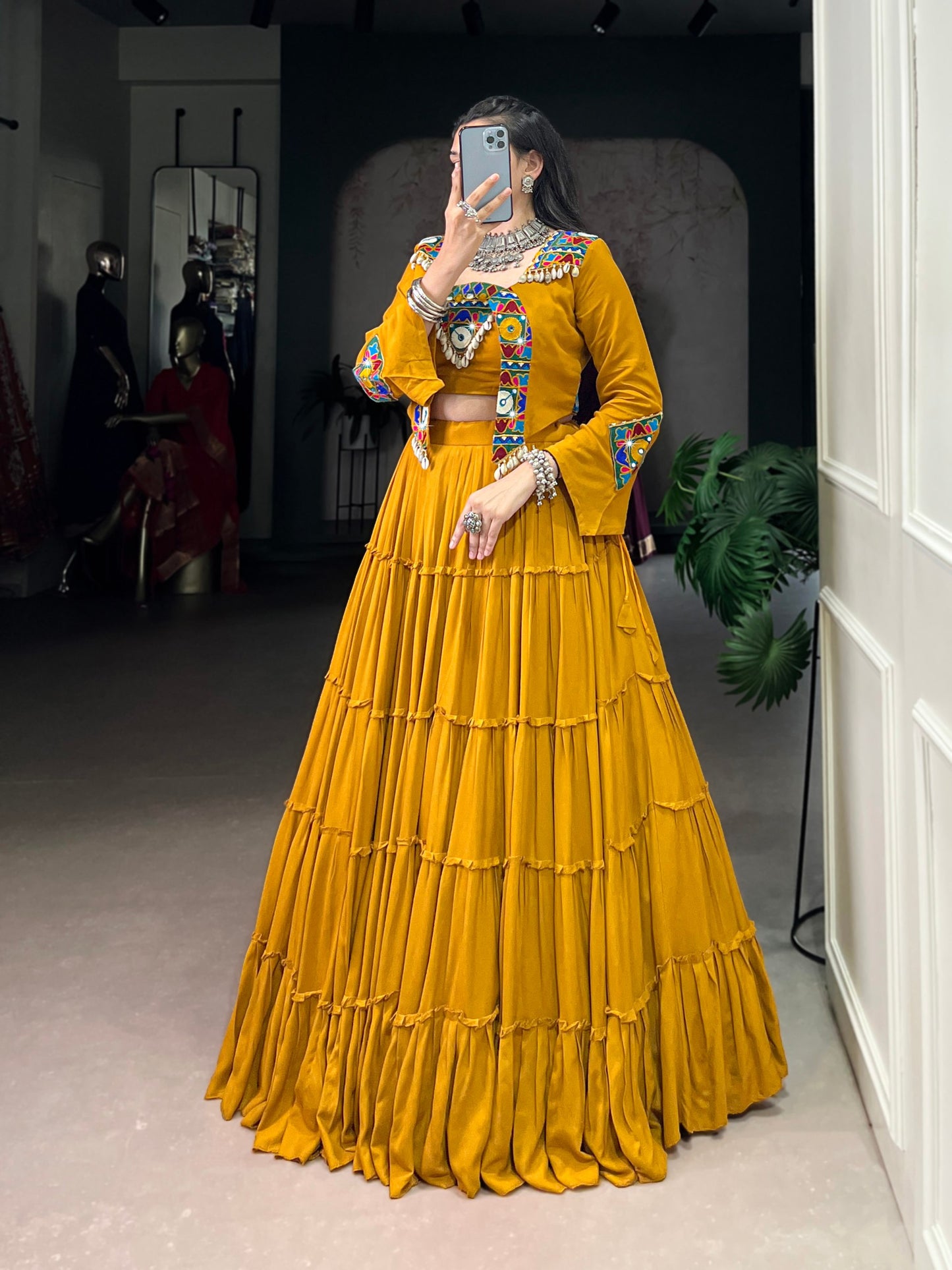 Premium Rayon Cotton With Gamthi and Kodi Work Chaniya Cholis with Koti Jacket Fully Stitched